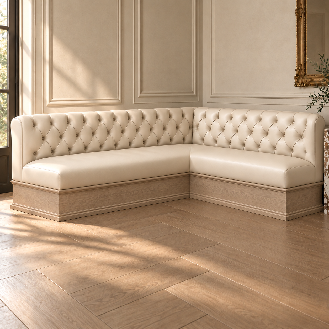 The Cindy | Ivory Leather Chesterfield Corner Banquette