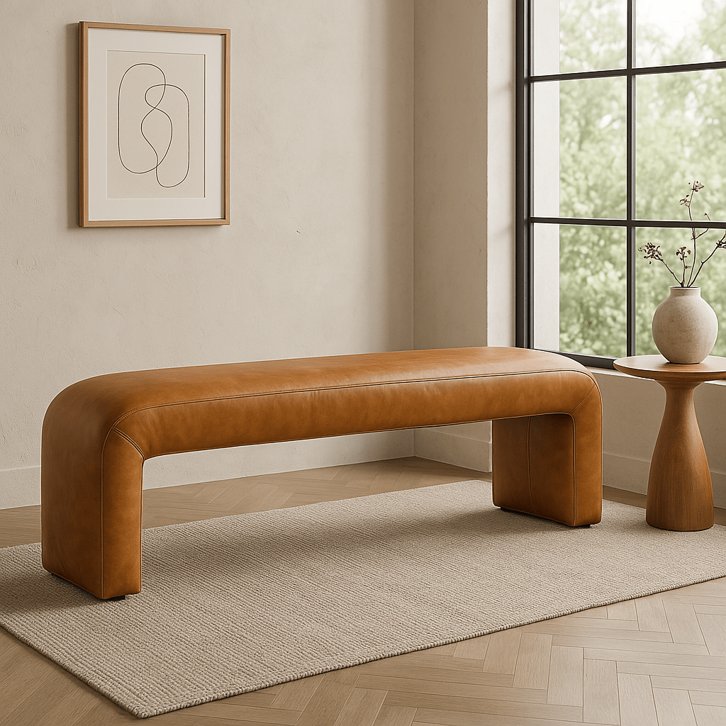 Curved Leather Bench – Modern Entryway or Bed Seating Bench | w:65 x h:18" x d: 16"