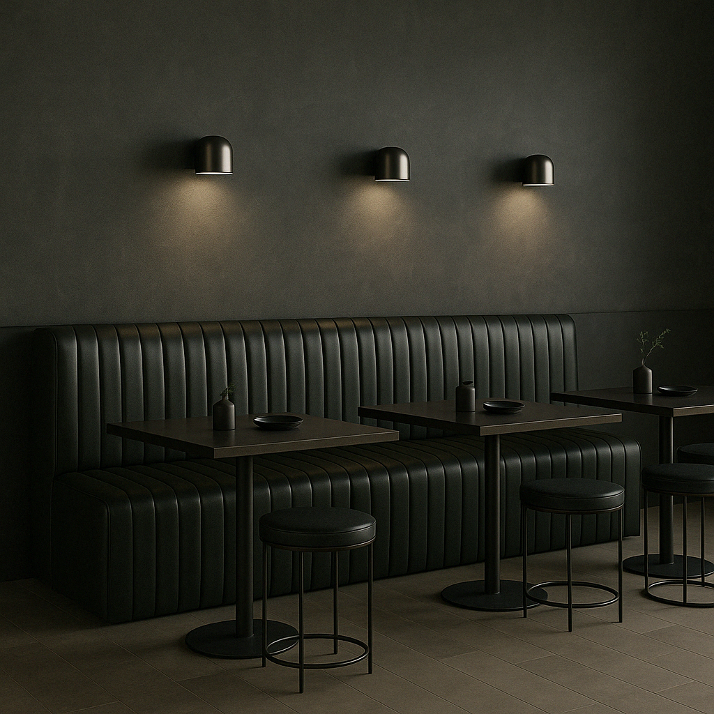 Ribbed Black Leather Banquette 7ft Banquette | Black Leather Channeled | 3oz Leather | w:84" x h:39" x d:22"