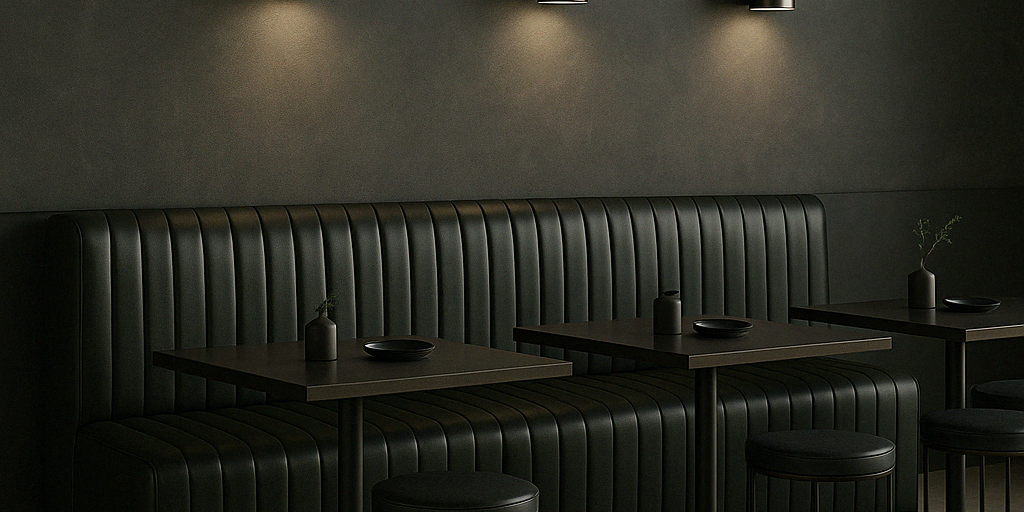 Ribbed Black Leather Banquette 7ft Banquette | Black Leather Channeled | 3oz Leather | w:84" x h:39" x d:22"