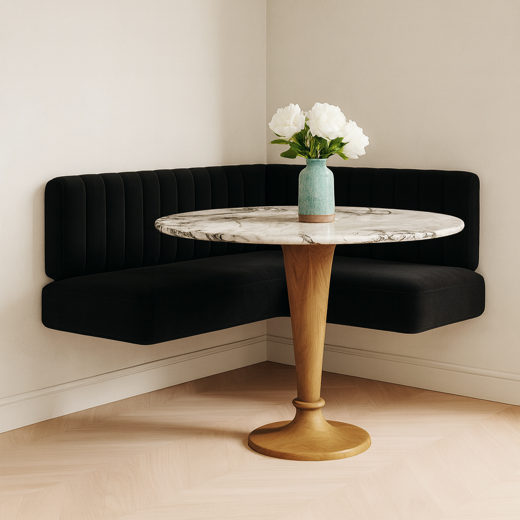 Corner table with marble top and black bench against a beige wall