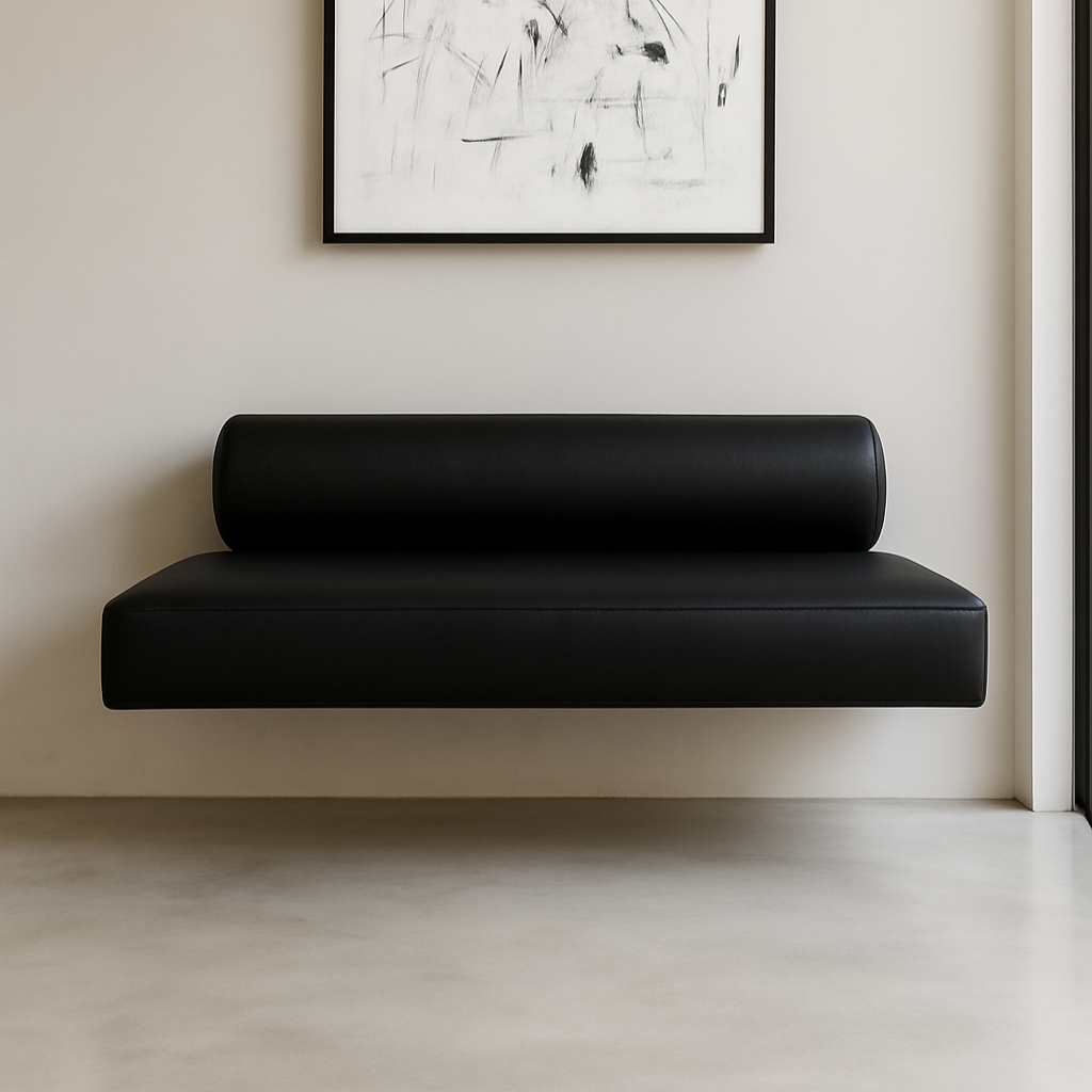 Modern black leather floating bench with cylindrical bolster backrest, wall-mounted under abstract black and white artwork in a minimalist interior