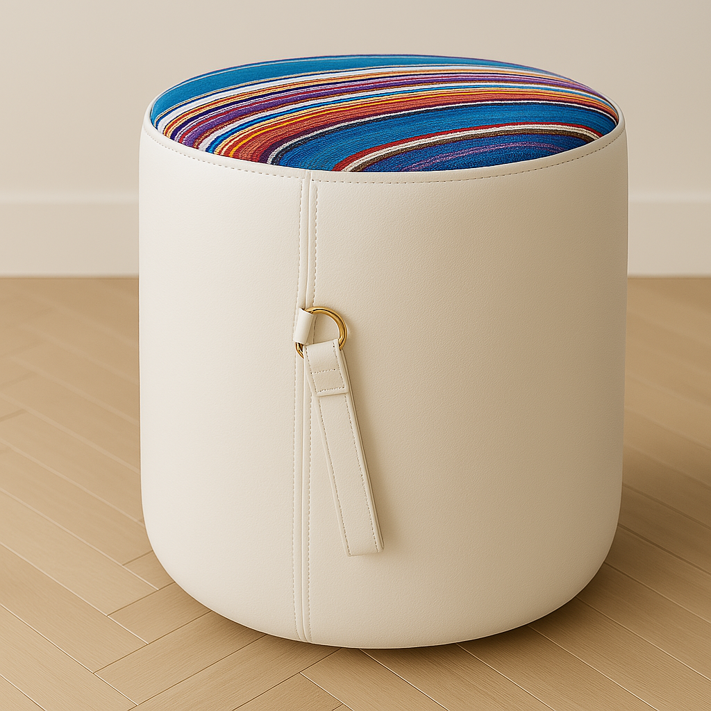 Custom leather ottoman with colorful fabric top and brass handle
