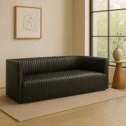 Ribbed Black Leather Sofa Right or Left w Lounge | l:95 x d:36 x h:18” Right Arm l:50 x d:36 x h:16" (banquette d:32 x h:19")