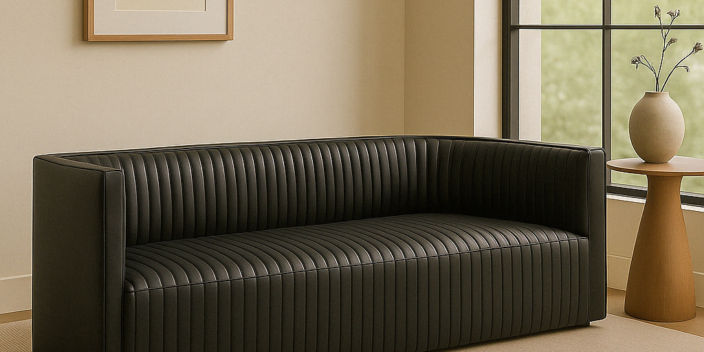 Ribbed Black Leather Sofa Right or Left w Lounge | l:95 x d:36 x h:18” Right Arm l:50 x d:36 x h:16" (banquette d:32 x h:19")