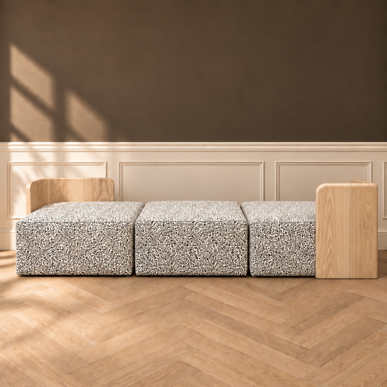 Custom modular sofa with solid white oak corners and patterned upholstery