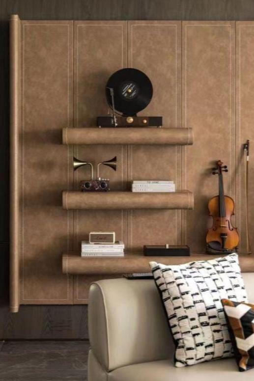 wall mount leather shelving unit with vegan leather and floating shelves