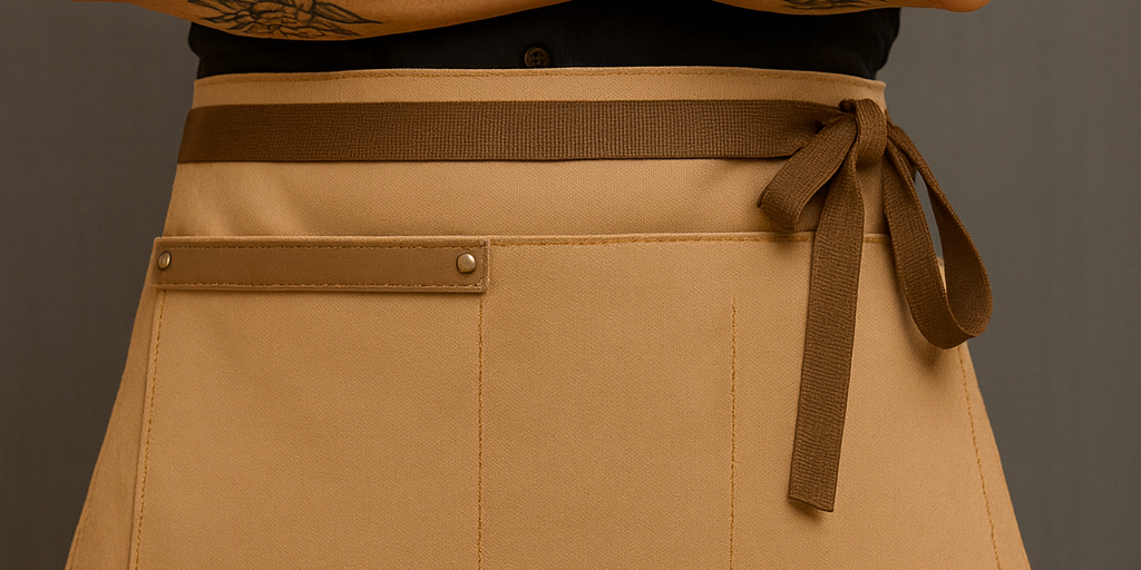 Waxed Canvas Apron Leather Pocket Half Apron | TAN | Brown Leather | Brass Hardware