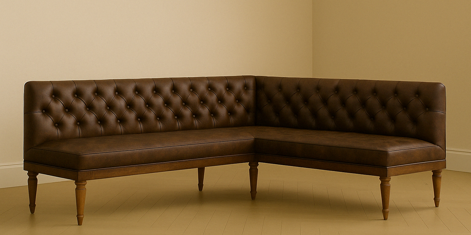 Tufted Leather Banquette | Corner Bench for Dining L Shape | L:82 x R:60 | Seat Depth: 22" | Seat Height: 28" | Classic Turned Legs