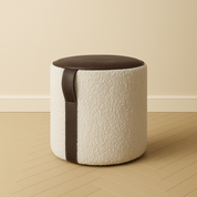 18-inch round leather and boucle shearling pouf with stitched leather handle – modern handmade ottoman by HUNTEDFOX