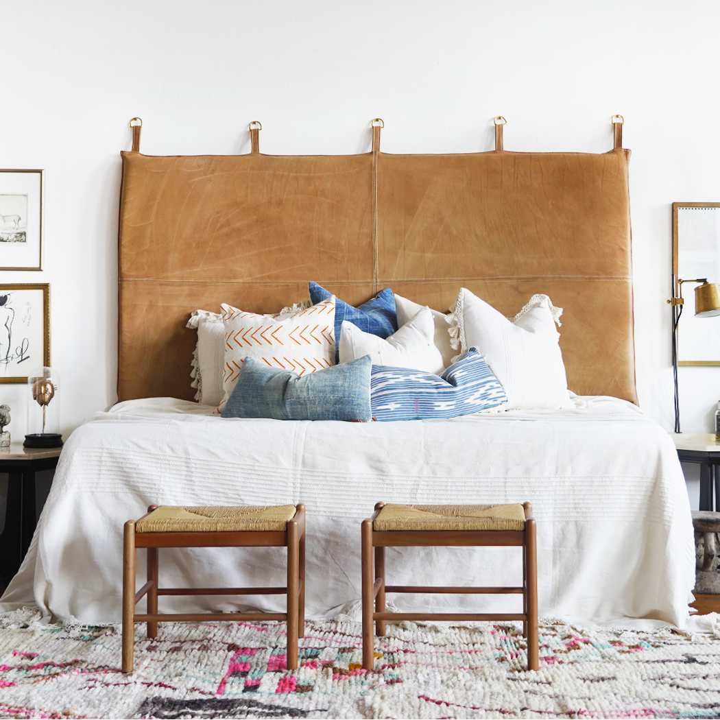 Wall Mount Bed | Classic Tan Aged Leather Hanging Headboard With Straps | Queen - King