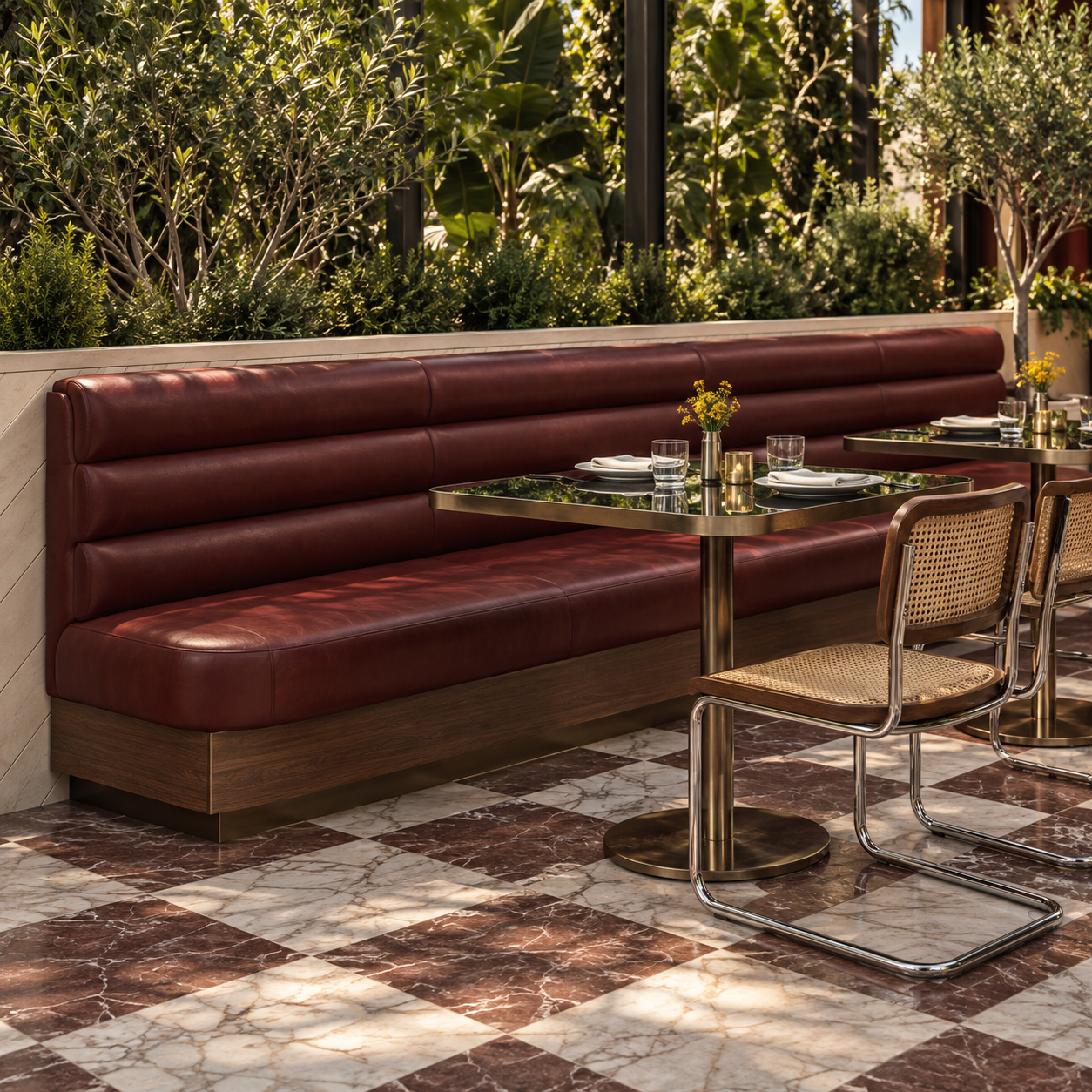 Galerie Sunset | Outdoor Restaurant Dining Banquette | Burgundy Vegan Leather