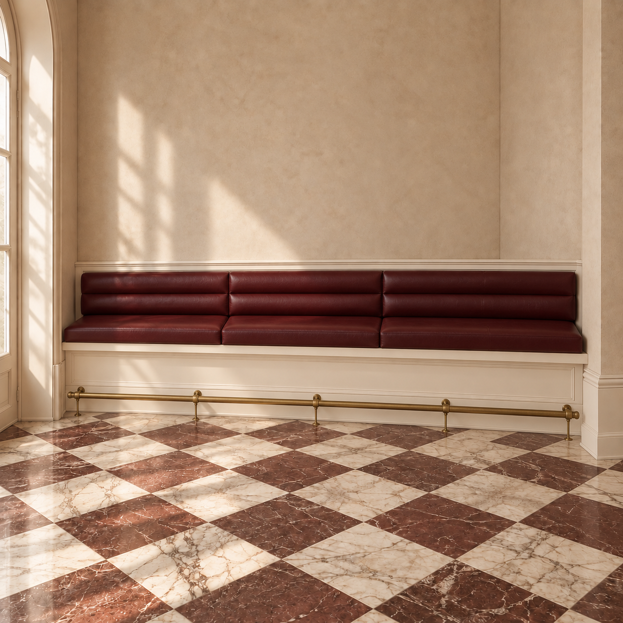 Galerie Sunset counter height burgundy vegan leather restaurant banquette with horizontal channel upholstery, built-in base, and aged brass foot rail