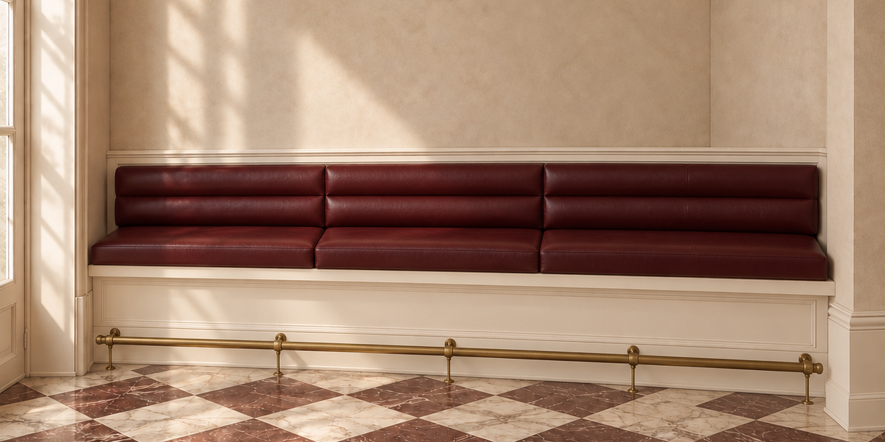 Counter Height Restaurant Banquette + Aged Brass Foot Rail 95 in. + On-Site Install