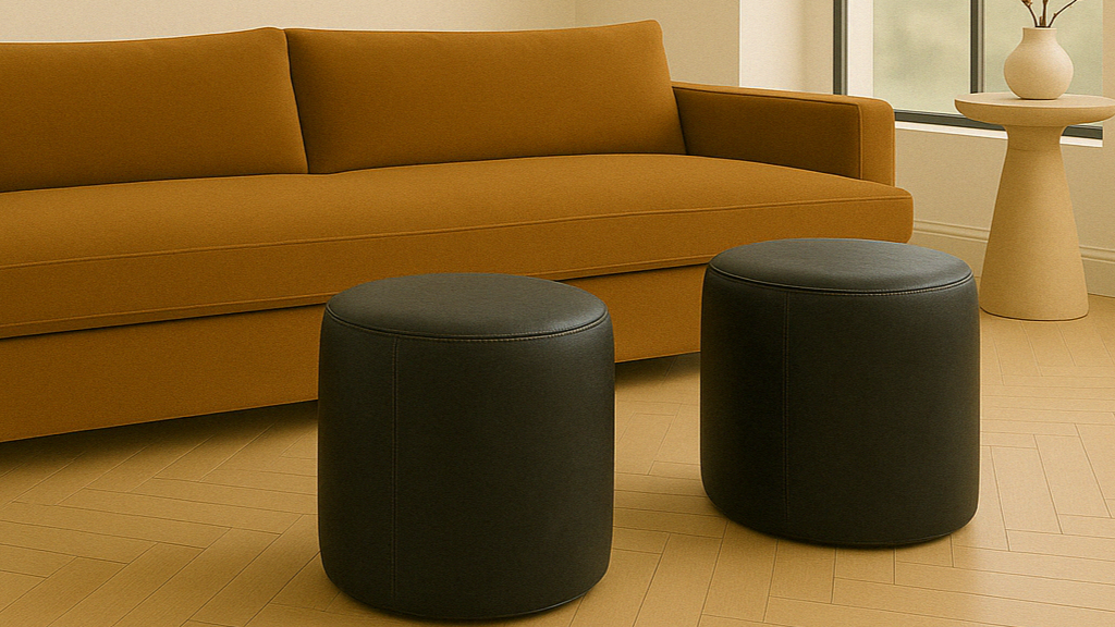 black round leather ottomans in living room with brown sofa