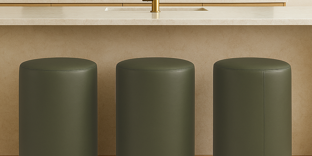 green Modern round bar stool in full-grain leather with minimalist cylindrical shape placed in a neutral-toned luxury kitchen