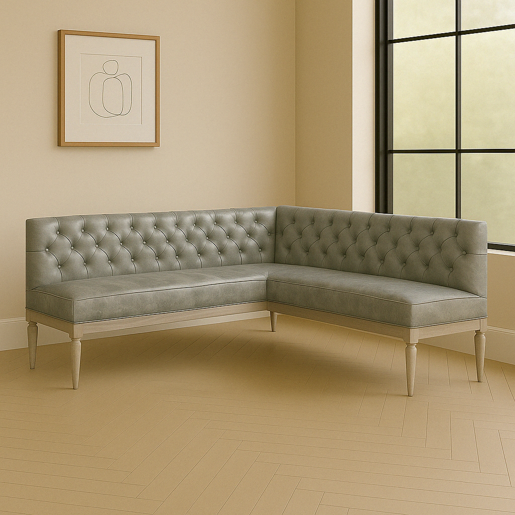 Tufted Leather Banquette – Corner Bench for Kitchen or Restaurant L Shape | L:82 x R:60 | Seat Depth: 22" | Seat Height: 28" | Classic Turned Legs