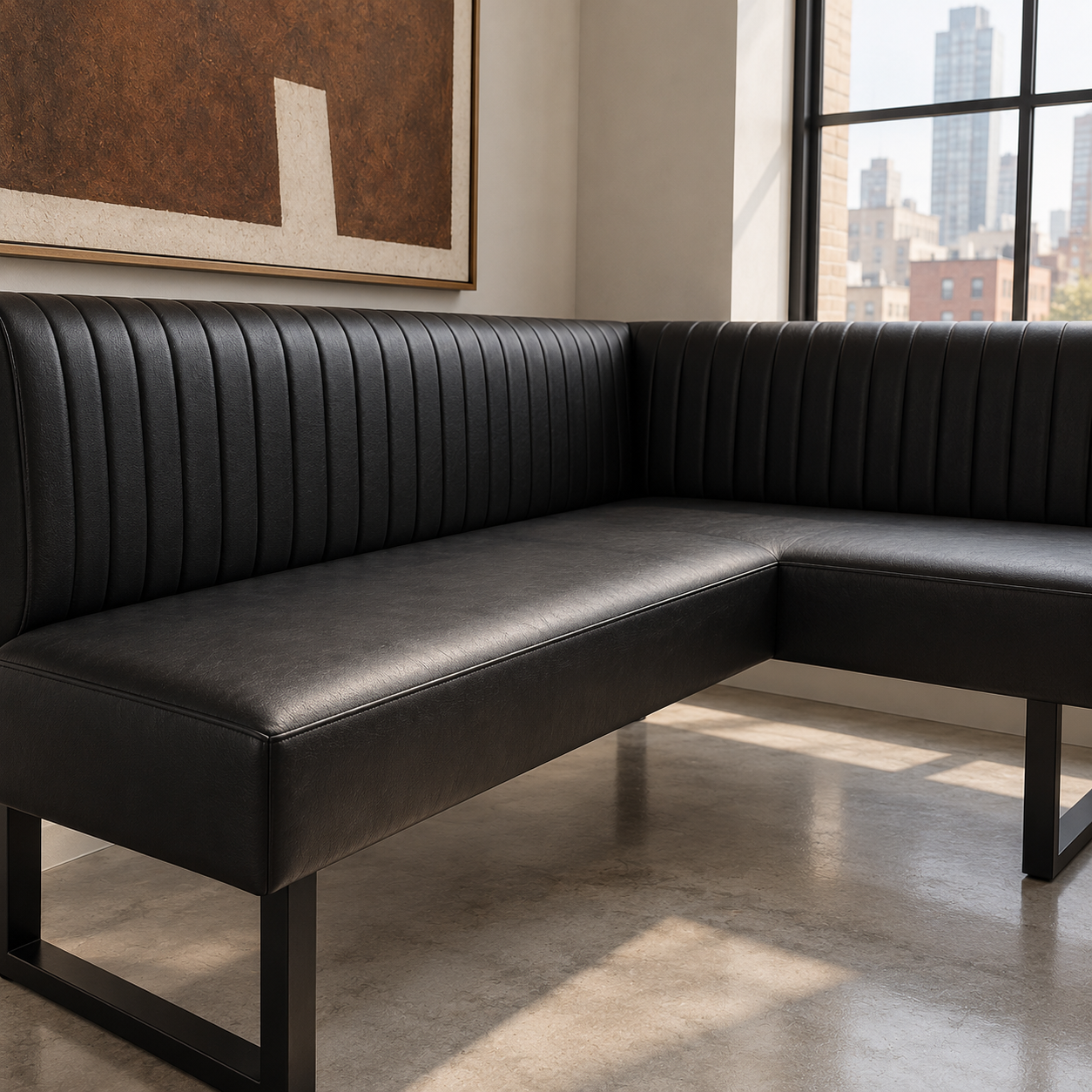 Close-up of HF Atelier black leather corner dining banquette showing vertical ribbed upholstery, smooth seat and black metal base
