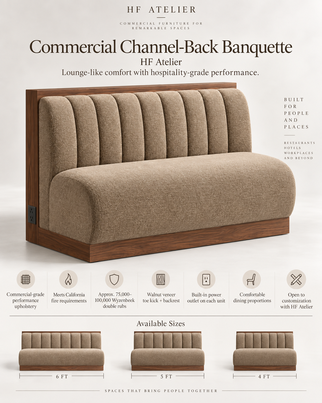 Commercial banquette specs with performance upholstery, walnut veneer, power outlet, and 4 ft 5 ft 6 ft sizes