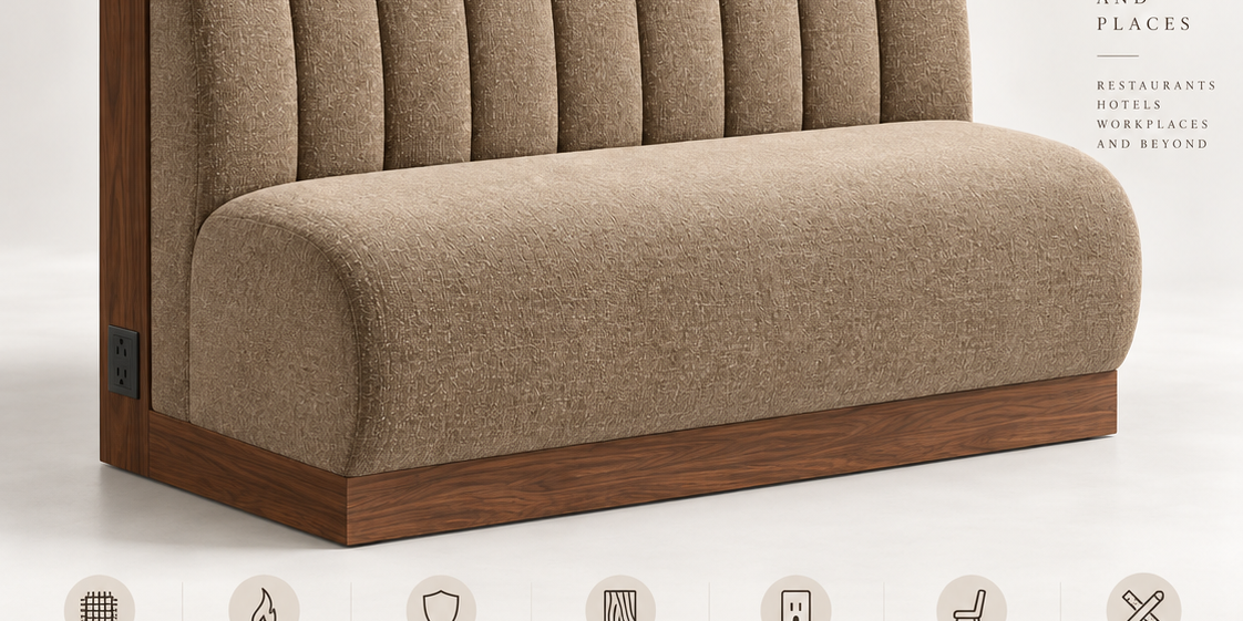 Commercial Channel-Back Banquette with Walnut Veneer + Power Outlet