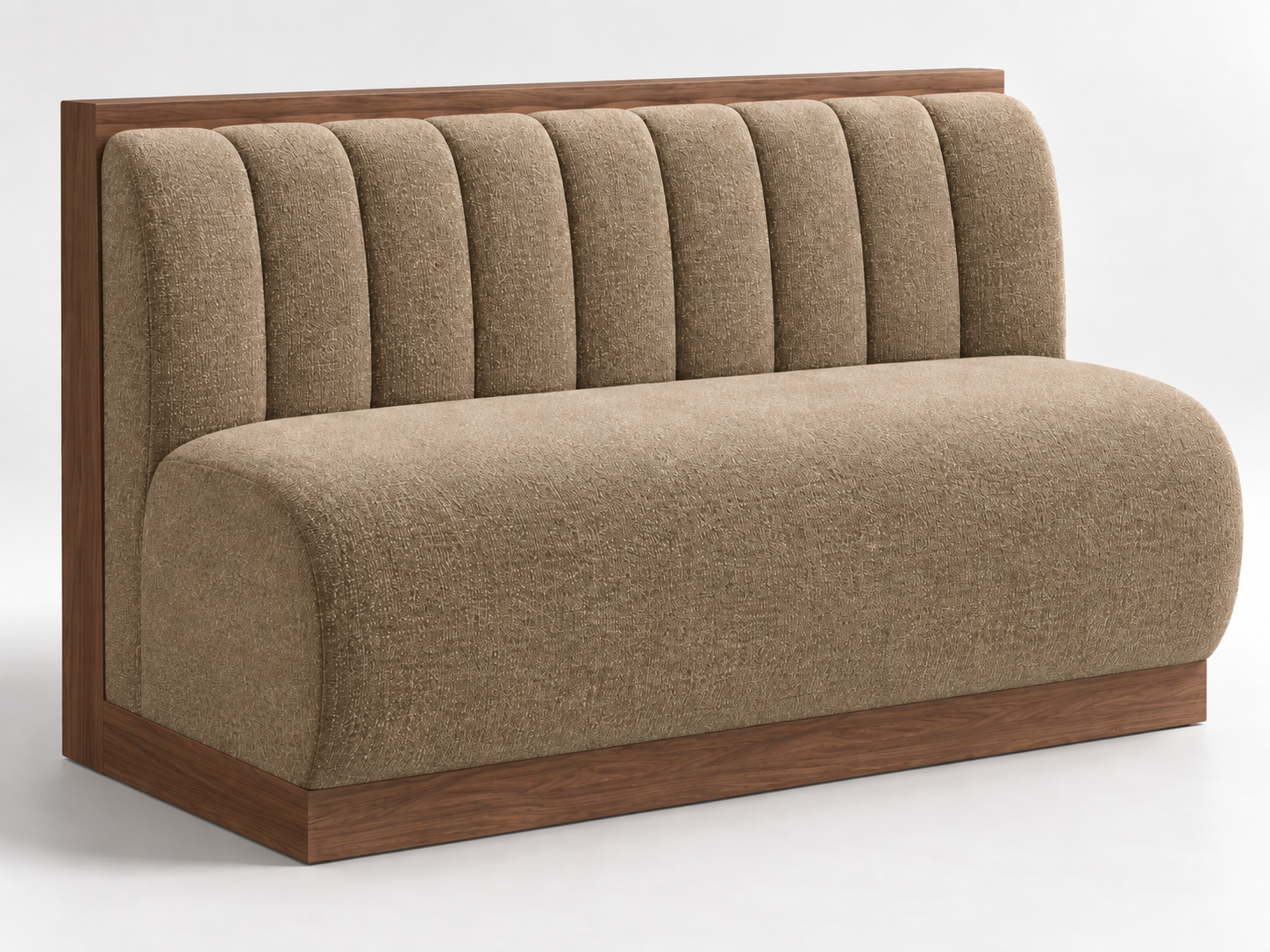 HF Atelier commercial channel-back banquette with walnut veneer toe kick, backrest and power outlet