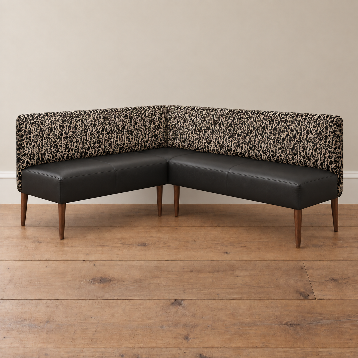 Custom Freestanding Corner Banquette | Black Vegan Leather + B&W Woven Backrest 73 in Left x 80 in Right