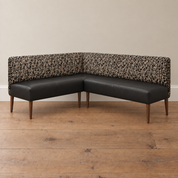 Custom Freestanding Corner Banquette | Black Vegan Leather + B&W Woven Backrest 73 in Left x 80 in Right