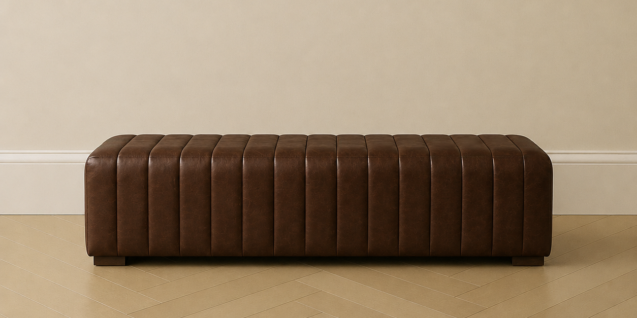 HF Atelier Ribbed Leather Bench Ottoman in Dark Chocolate Leather dark brown leather