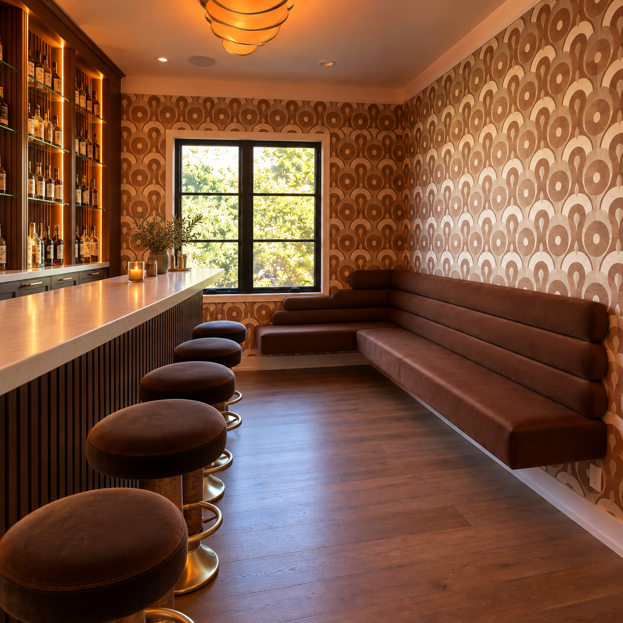 Space-saving floating restaurant banquette with chocolate leather seat, velvet scalloped backrest, and wall mount hardware beside a bar