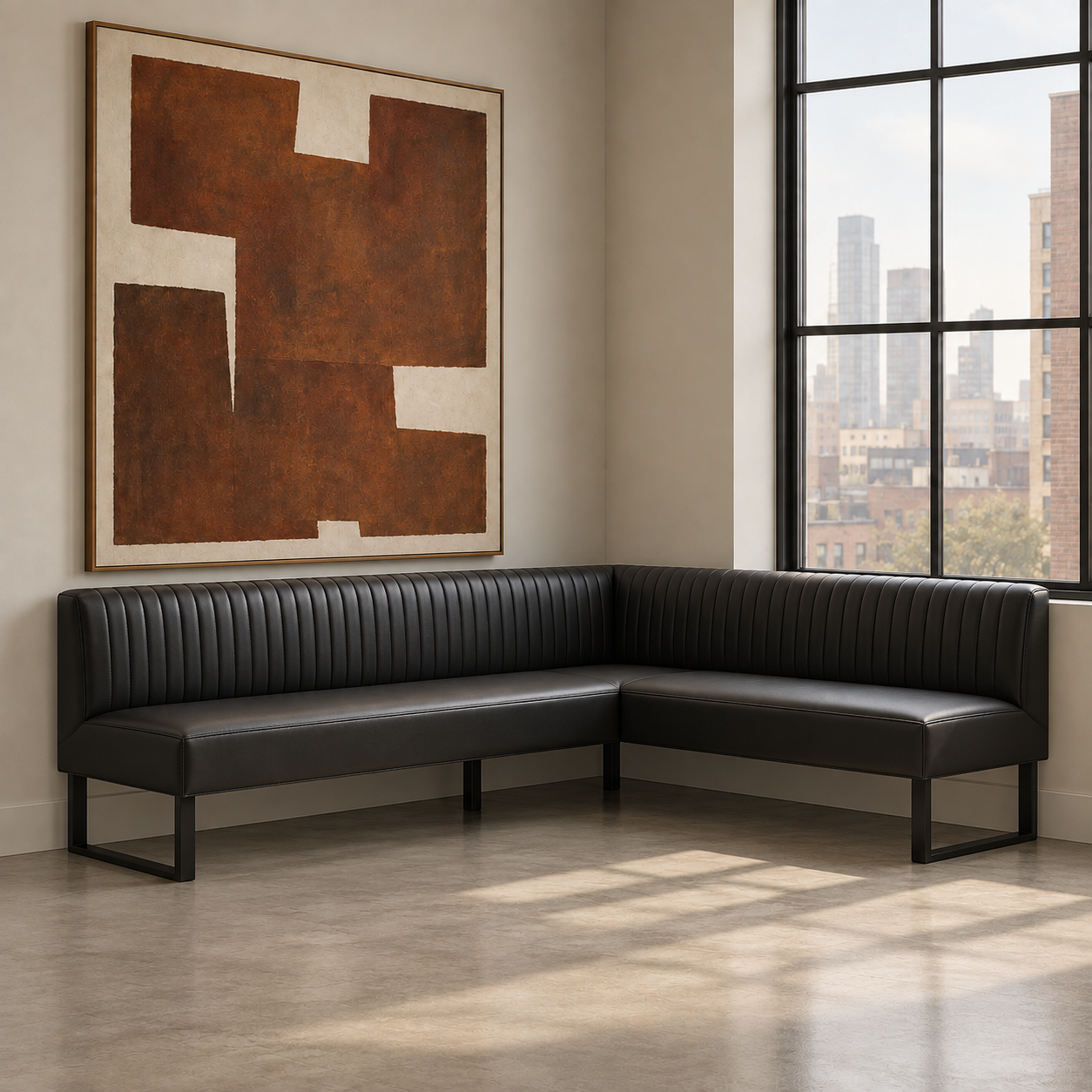 Modern black leather L-shaped corner dining banquette with vertical ribbed back in a contemporary city loft by HF Atelier