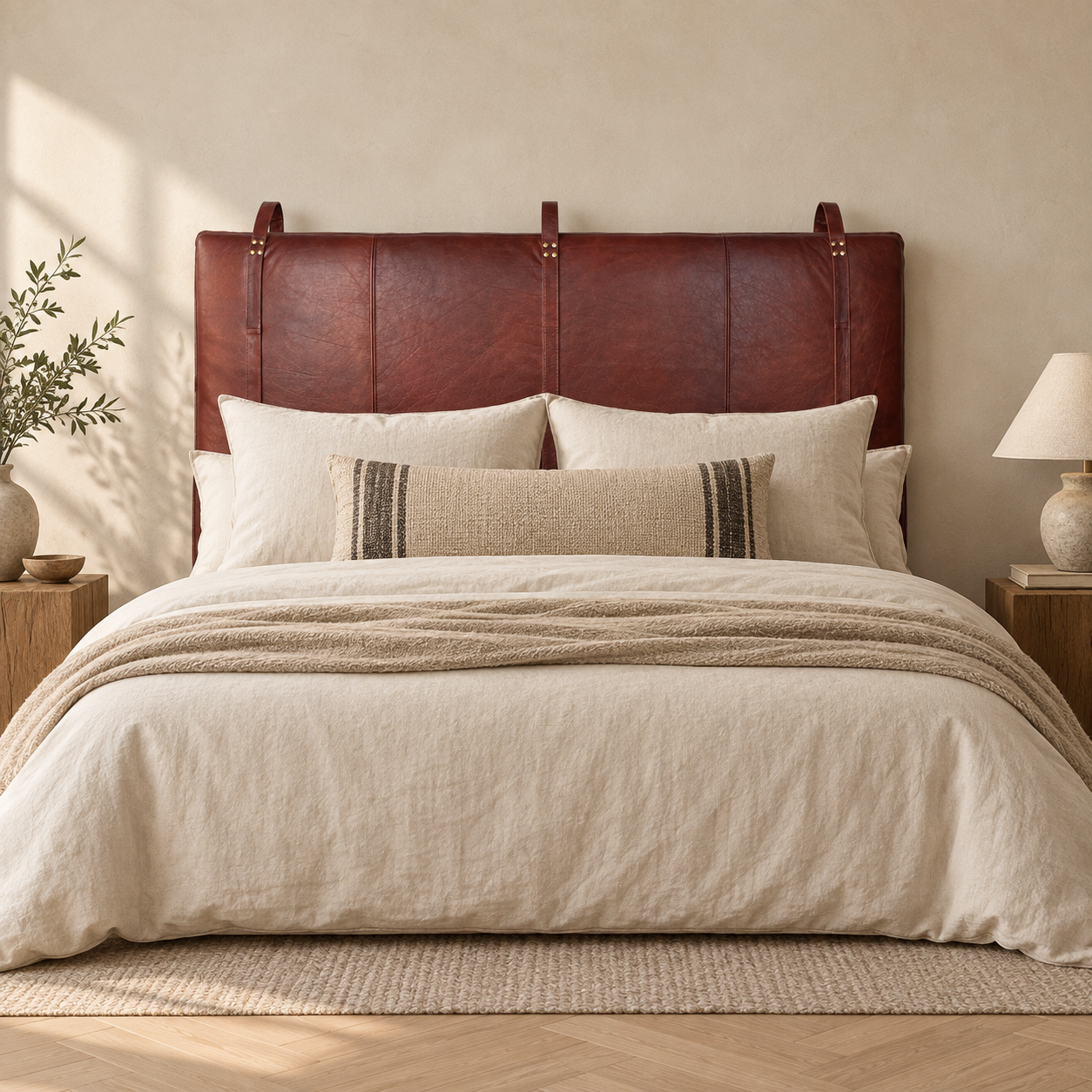 One-of-a-Kind Burgundy Cognac Leather Queen Headboard | Ready to Ship