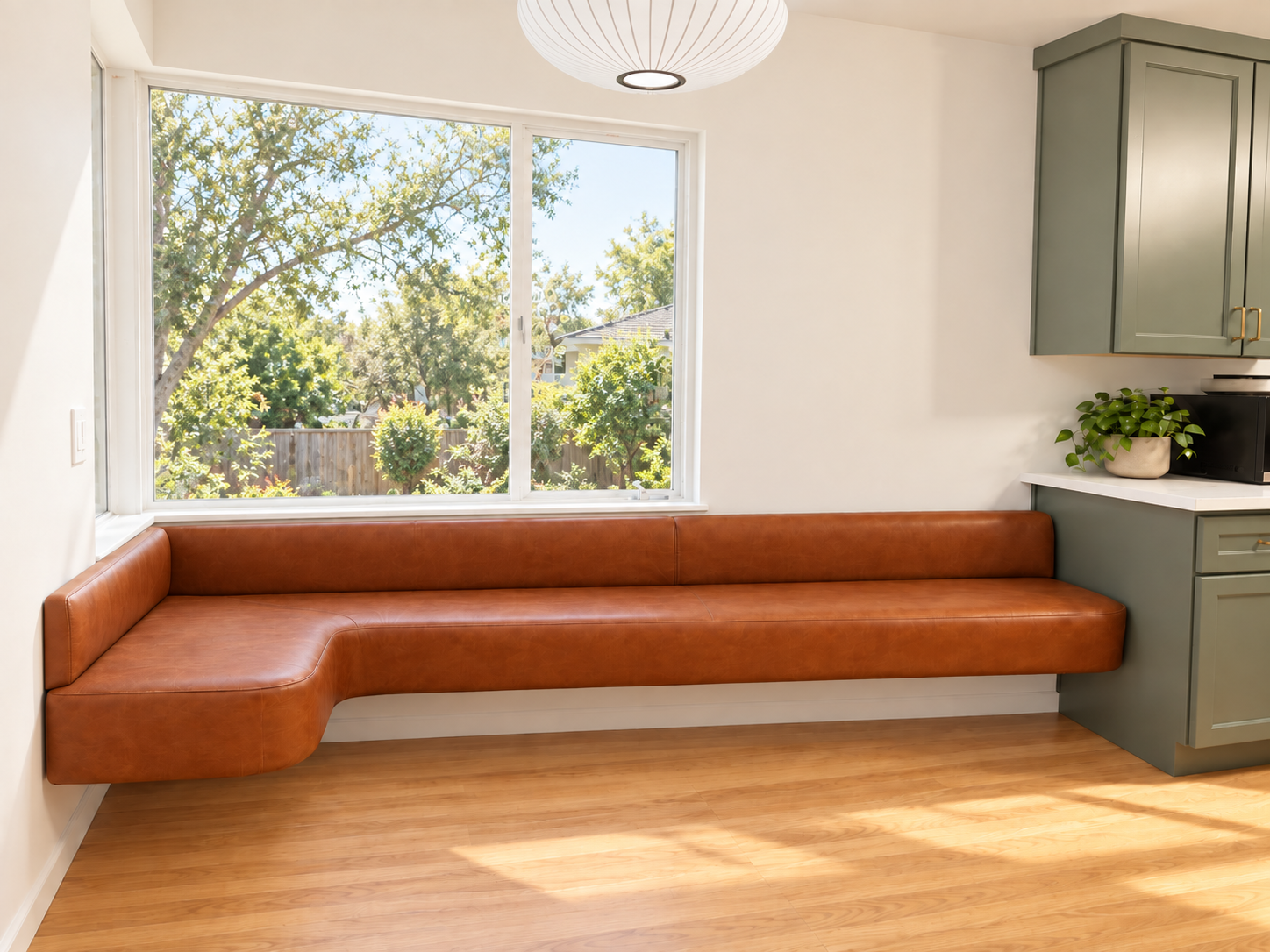 Whiskey Leather Floating Corner Banquette | Custom L-Shaped Kitchen Nook Bench