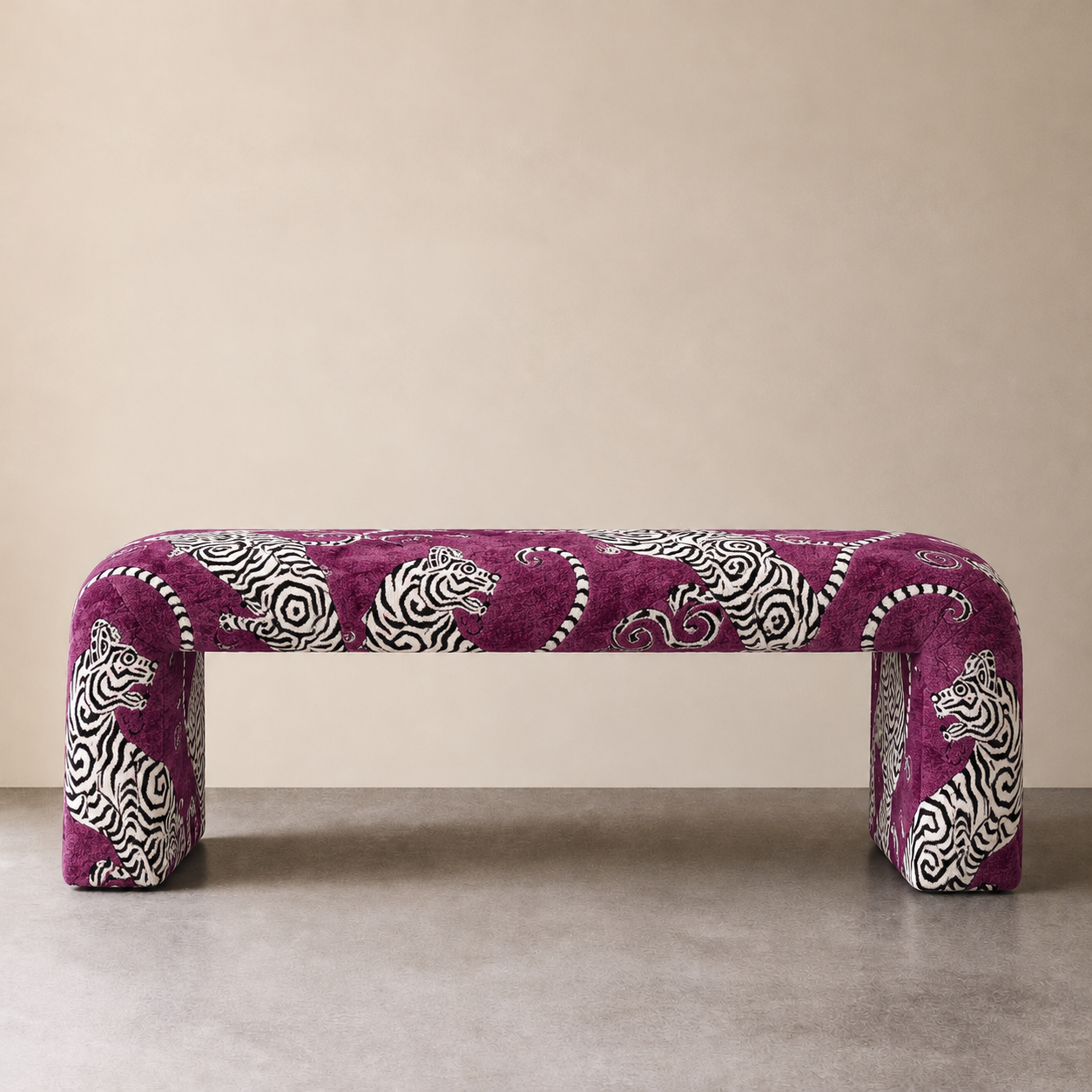 Modern Waterfall Accent Bench Sunda Purple Tiger Velvet