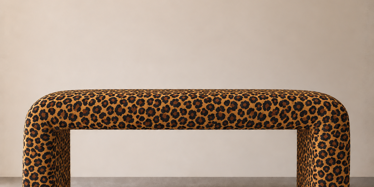 Modern Waterfall Accent Bench Zavir Leopard Velvet