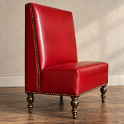 Horses Sunset Blvd Banquette E red vegan leather with antique brass nailhead trim and ornate turned legs