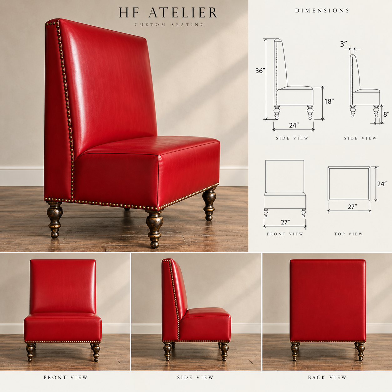 Horses Sunset Blvd Banquette E studded red vegan leather front side back and dimension views