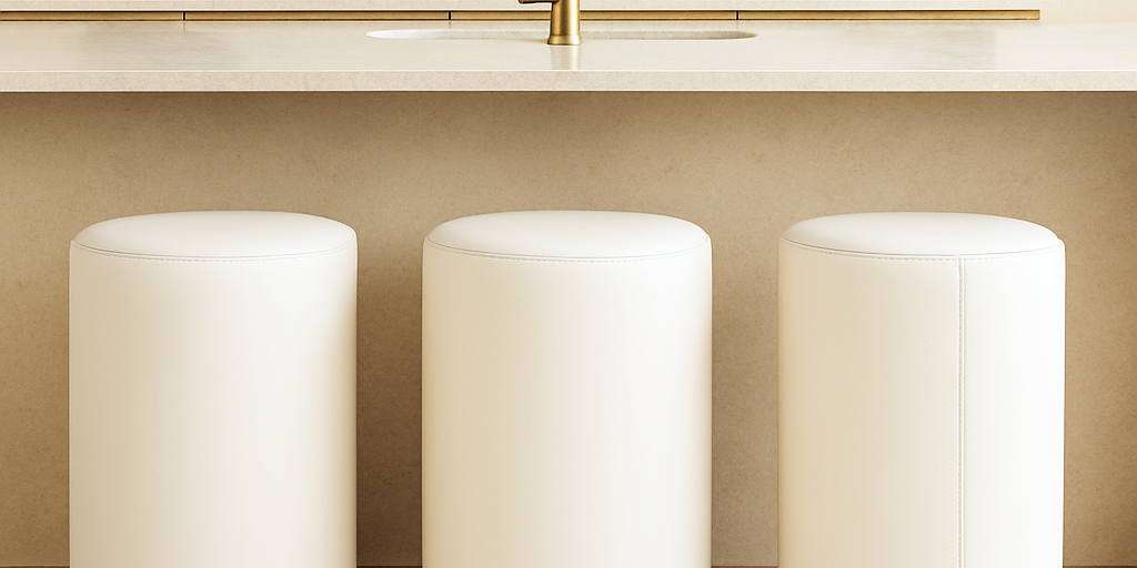 ivory white Modern round bar stool in full-grain leather with minimalist cylindrical shape placed in a neutral-toned luxury kitchen