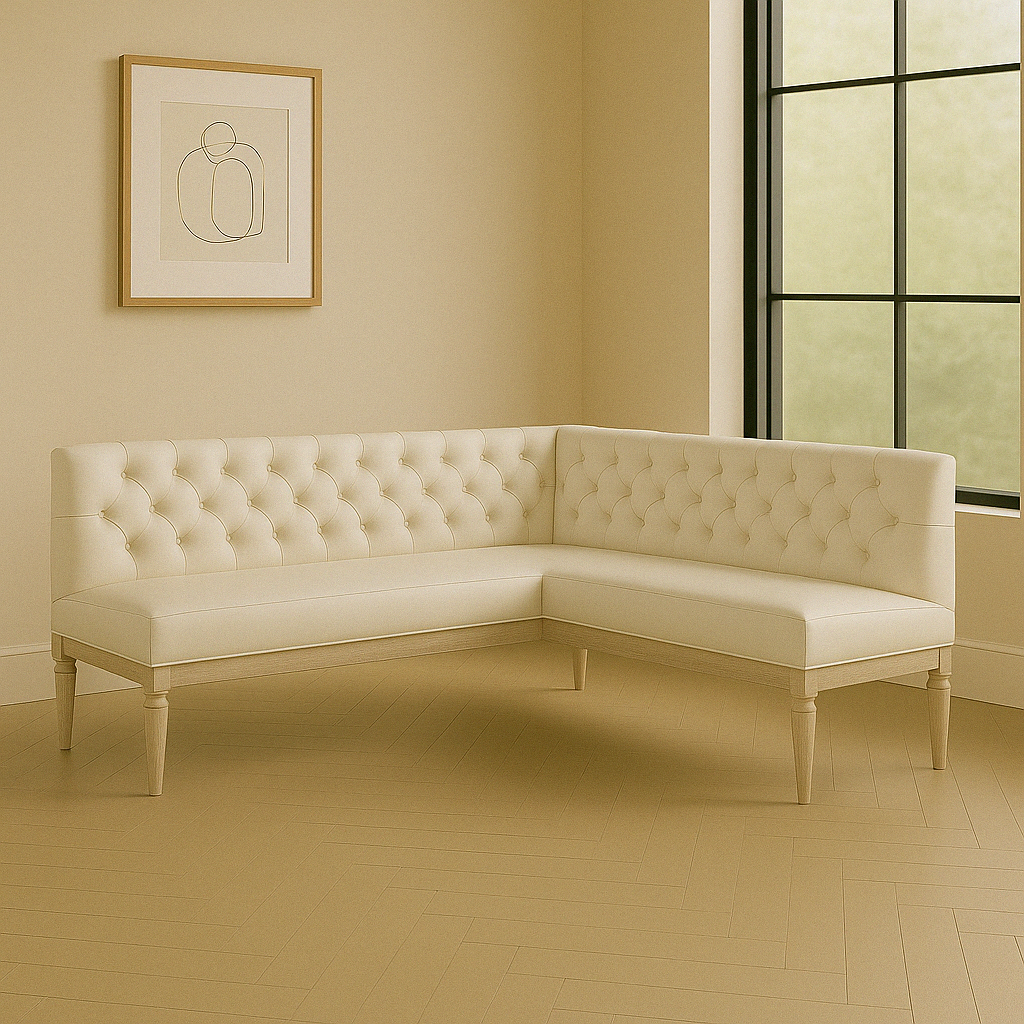 Tufted Leather Banquette – Corner Bench for Kitchen or Restaurant L Shape: L:102 x R:50 | Seat Depth: 22" | Seat Height: 28" | Classic Turned Legs