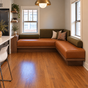 Leather + Olive Velvet Corner Banquette