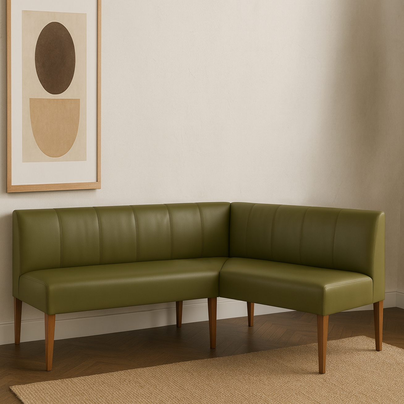 Green leather sectional sofa in a room with a abstract painting on the wall.