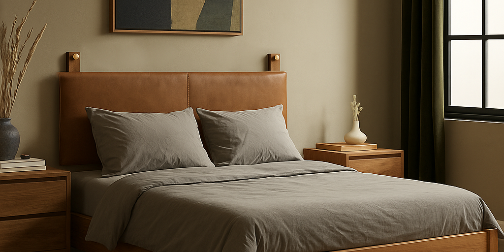 soft aged tan leather wall-mounted headboard for king bed in masculine room 