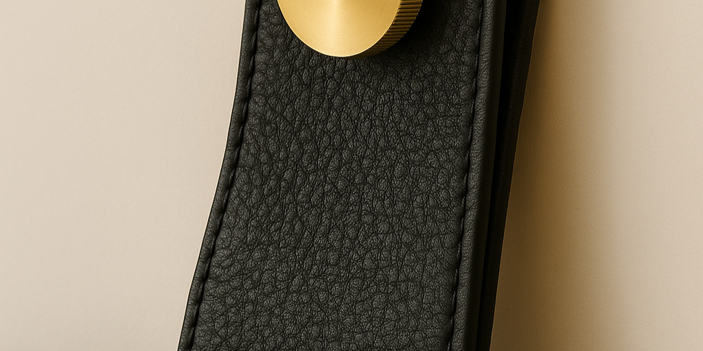 close up of black leather strap from hanging headboard with brass hardware