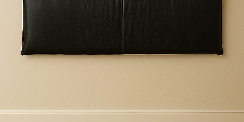 black leather wall-mount headboard on king bed in minimalist room
