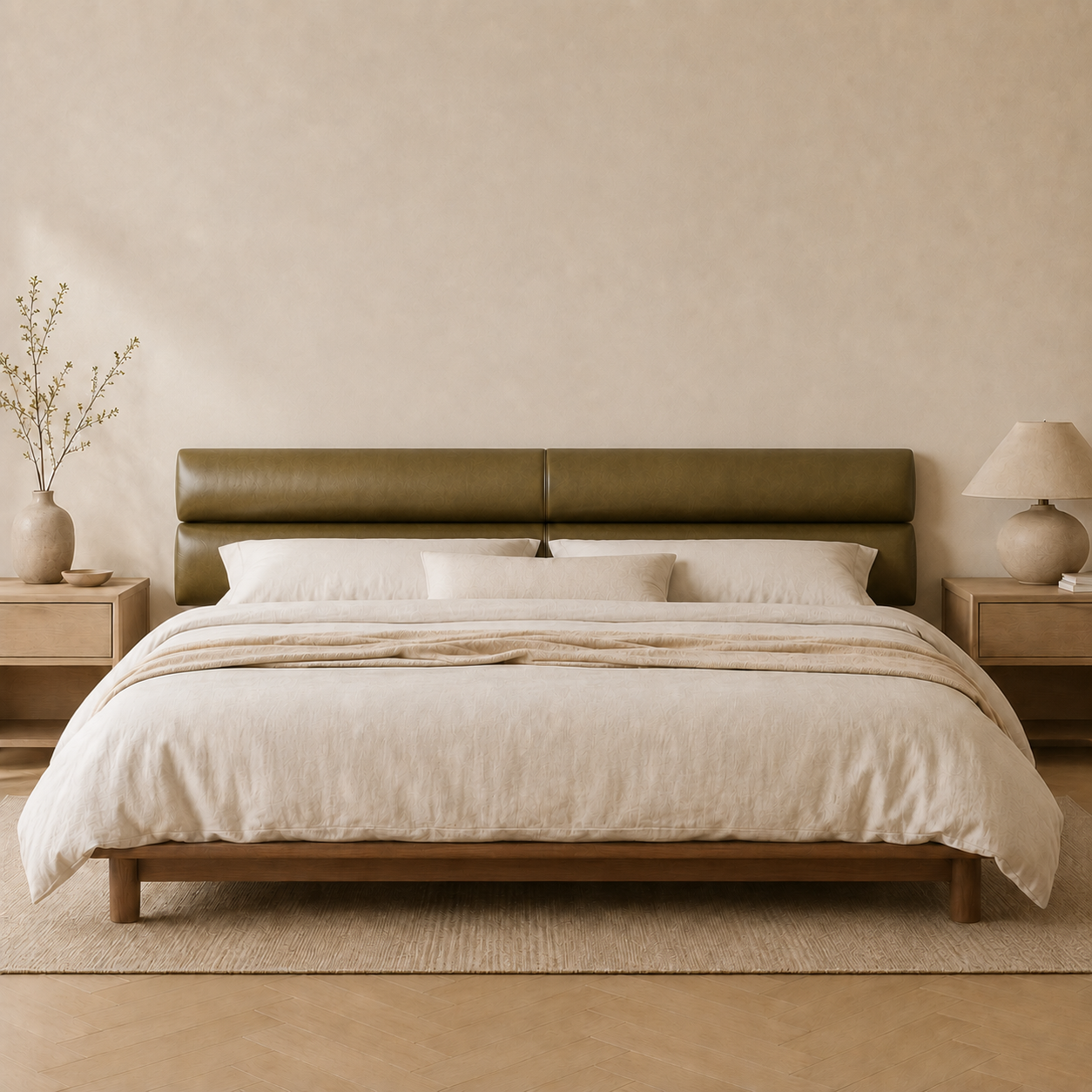 Modern Olive Green Leather Paneled Headboard