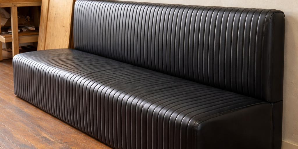 Ribbed Black Leather Banquette 7ft Banquette | Black Leather Channeled | 3oz Leather | w:84" x h:39" x d:22"