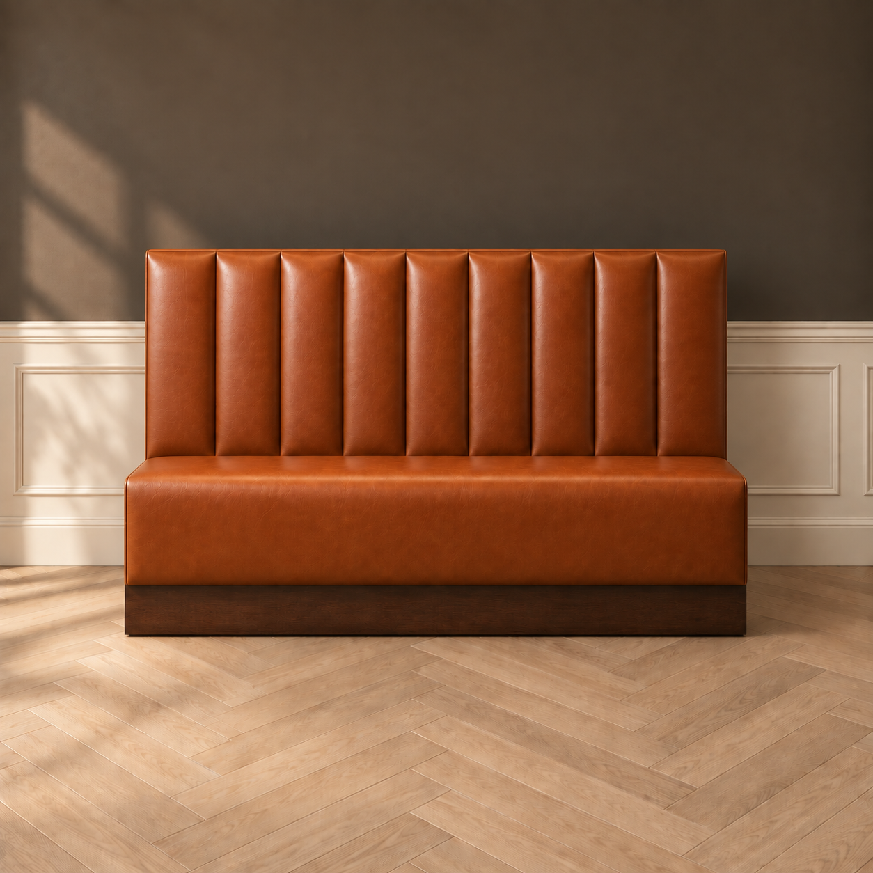 Polo Bar–Inspired Whiskey Leather Restaurant Banquette | Custom Commercial Seating no.02 | 72" Center Seat | 9" Built-in Wood Base & Veneer w Electrical Outlet 4" overhang | SEAT h: 9"x d:22x75" | SEAT BACK [w 12 5 8" channels x6 ] h: 23" x w top: 5" w base: 8"