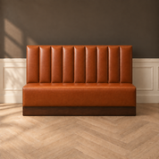 Polo Bar–Inspired Whiskey Leather Restaurant Banquette | Custom Commercial Seating no.02 | 72" Center Seat | 9" Built-in Wood Base & Veneer w Electrical Outlet 4" overhang | SEAT h: 9"x d:22x75" | SEAT BACK [w 12 5 8" channels x6 ] h: 23" x w top: 5" w base: 8"
