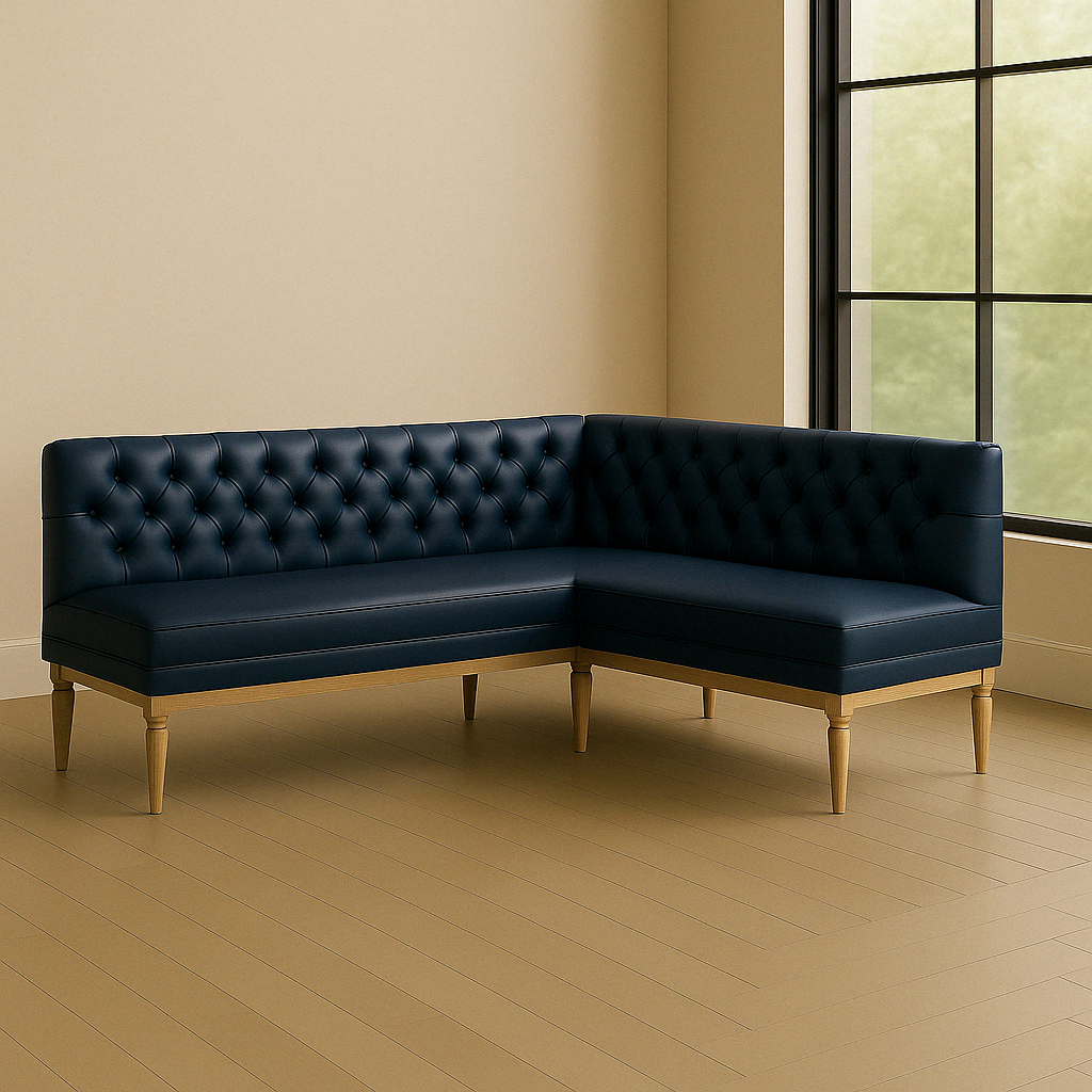 Tufted Leather Banquette – Corner Bench for Kitchen or Restaurant L Shape: L:102 x R:50 | Seat Depth: 22" | Seat Height: 28" | Classic Turned Legs