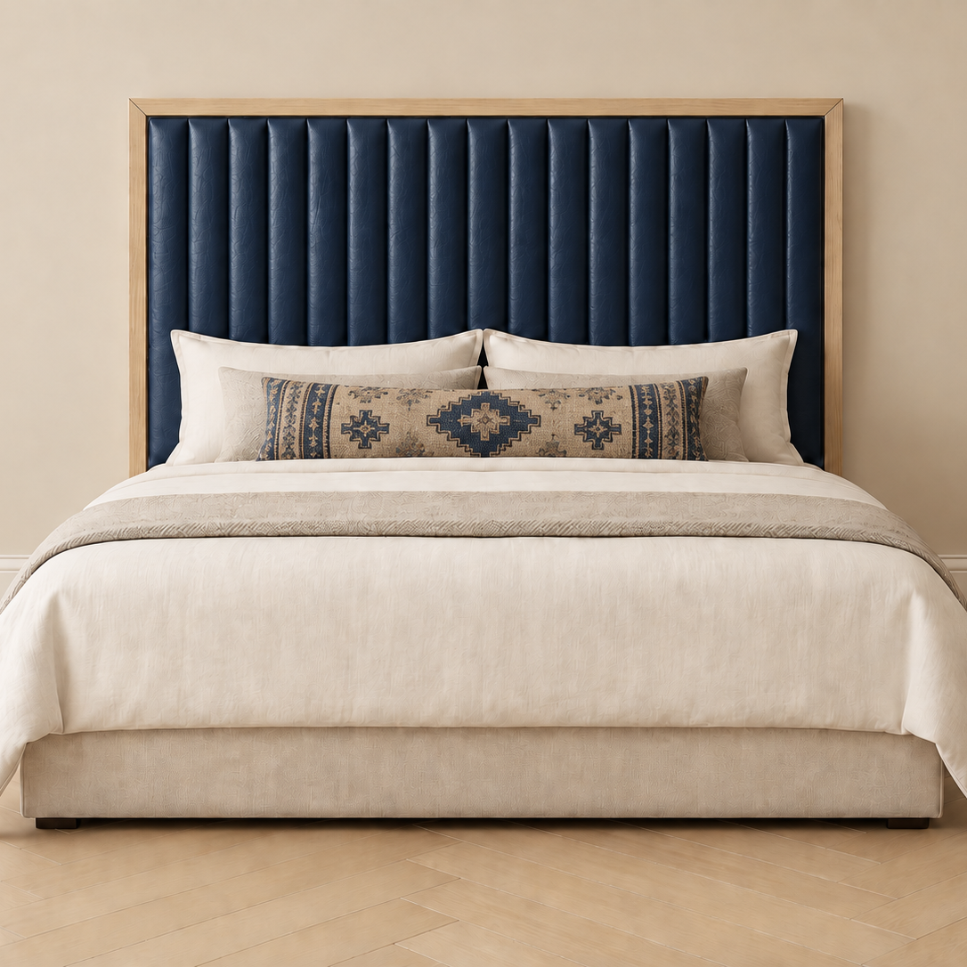 Navy Leather Channel Headboard | Wall-Mounted Upholstered Headboard KING | 80 x 48"