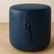 dark blue round leather ottoman with handle